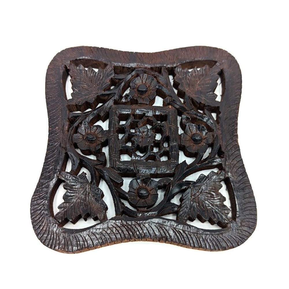 Vintage Hand Carved Victorian Style Walnut Wood Trivet Floral Ornate Dining Tile